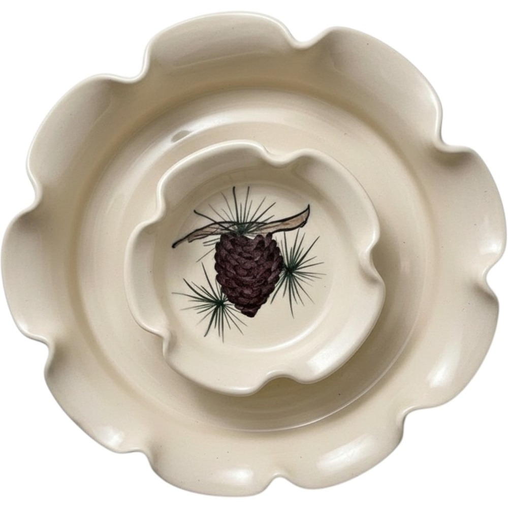 Chip and Dip Bowl Ceramic 1970s Cream 11 5 inch Vintage Serving Dish Kitchen